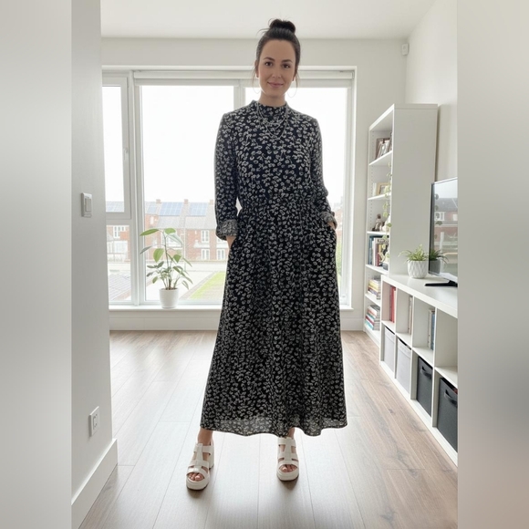 Elegant Floral Long Sleeve Maxi Dress Turkey | Stretchy Modest Style Fit - M/L** - Picture 4 of 12